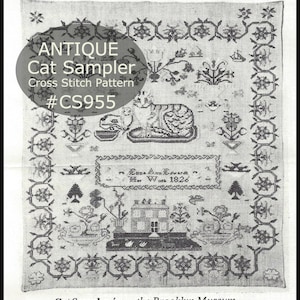 Sampler Antique Cat Sampler Antique Cat Cross Stitch Museum Sampler Was Created in 1826 Remake Of Original--SHIPPED PATTERN- DurhamDeals