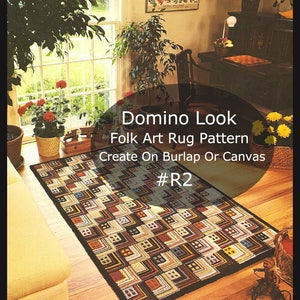 May include: A rectangular folk art rug pattern with a domino look, featuring a repeating geometric design in shades of brown, beige, and red. The text on the image reads "Domino Look Folk Art Rug Pattern Create On Burlap Or Canvas #R2."