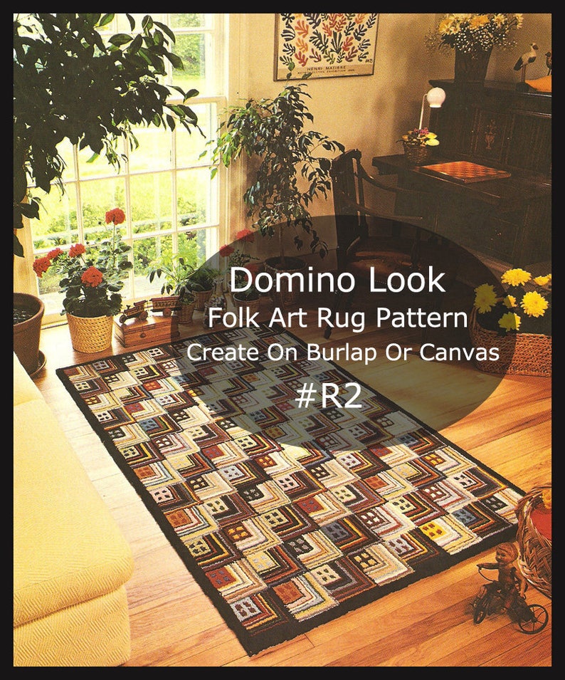 May include: A rectangular folk art rug pattern with a domino look, featuring a repeating geometric design in shades of brown, beige, and red. The text on the image reads "Domino Look Folk Art Rug Pattern Create On Burlap Or Canvas #R2."