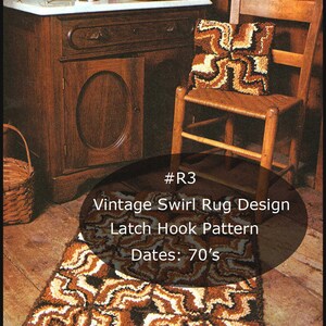 May include: A vintage swirl rug design with a latch hook pattern, featuring a 70's aesthetic. The rug and matching pillow showcase a brown, beige, and cream color palette. The rug is rectangular, and the pillow is square, both with a swirling pattern.