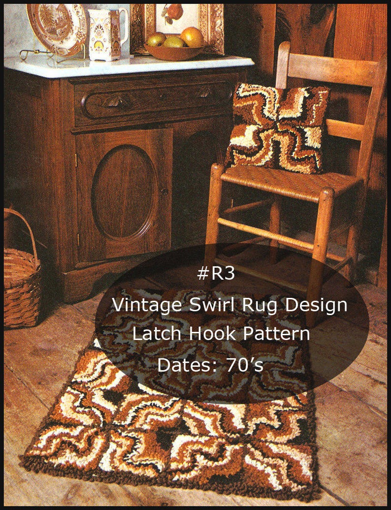 May include: A vintage swirl rug design with a latch hook pattern, featuring a 70's aesthetic. The rug and matching pillow showcase a brown, beige, and cream color palette. The rug is rectangular, and the pillow is square, both with a swirling pattern.