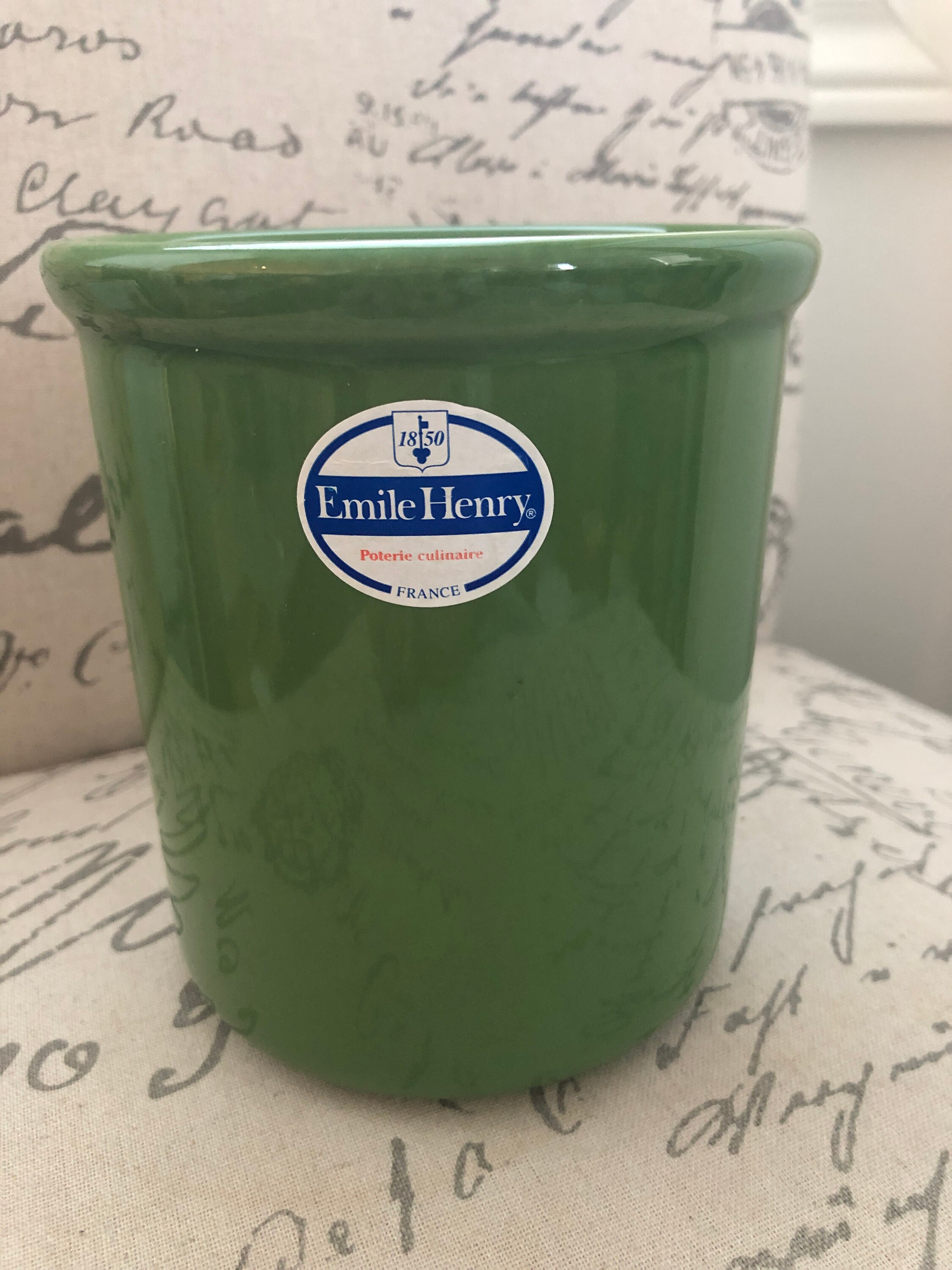Emile Henry France Green Utensil Holder Crock / Vintage Green Stoneware  Crock 