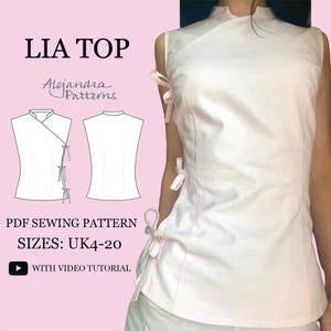 Lia Top Sewing Pattern, Mandarin Collar Wrap Top (Digital PDF)