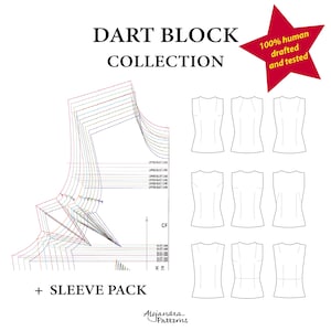Puede incluir: Una colección de patrones de costura titulada DART BLOCK COLLECTION + SLEEVE PACK de Alejandra Patterns. Incluye un diagrama técnico multicolor de un bloque de corpiño con variaciones de pinzas y nueve dibujos lineales en blanco y negro.