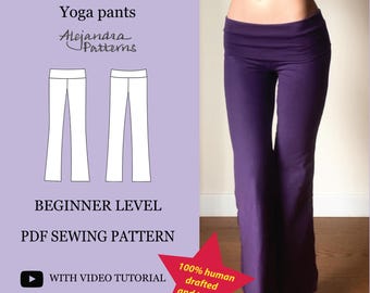 May include: A PDF sewing pattern for Sienna Pants yoga pants by Alejandra Patterns. The image displays text including SIENNA PANTS, Yoga pants, BEGINNER LEVEL, PDF SEWING PATTERN, WITH VIDEO TUTORIAL, and a red star stating 100% human drafted and tested.
