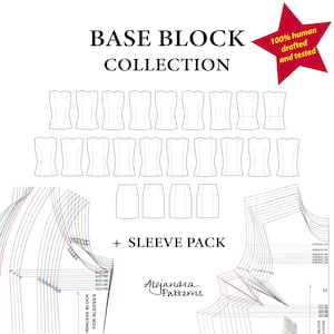 Puede incluir: Una colección digital de patrones de costura titulada BASE BLOCK COLLECTION + SLEEVE PACK de Alejandra Patterns. La imagen muestra múltiples dibujos lineales en blanco y negro de cuerpos sin mangas, faldas y patrones técnicos de mangas en colores.