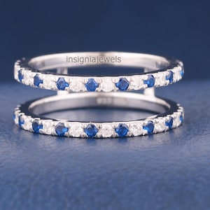 Blauwe saffier verlovingsring, Enhancer Wrap Guard Lab Grown diamanten ring, ronde lab gemaakte diamanten ring, Wrap Guard voor bijpassende ringset