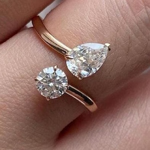 Pear &Round Cut Two Stone Open Cuff Lab Created Ring, Engagement Ring, Toi et Moi Bypass Lab Grown Diamond Ring Teardrop 18K Solid Gold Ring