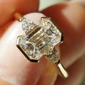 Three Stone Emerald Cut Lab Grown Ring, Engagement Ring, Half Bezel Set Ring, Pear Cut Three Stone Ring,14k Solid Gold Anniversary Gift Ring