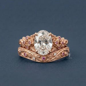 Filigree Floral Design Ring Set, Curved Eternity Stacking Wedding Band, Oval Lab Grown Diamond Ring, 14K Gold Flower & Leafy Bridal Set Ring