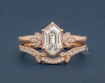 14K Rose Gold Bridal Set, Vintage Inspired Cluster Ring, Hexagon Cut Lab Grown Diamond Ring Set, Antique Curved Leafy Wedding Band For Her