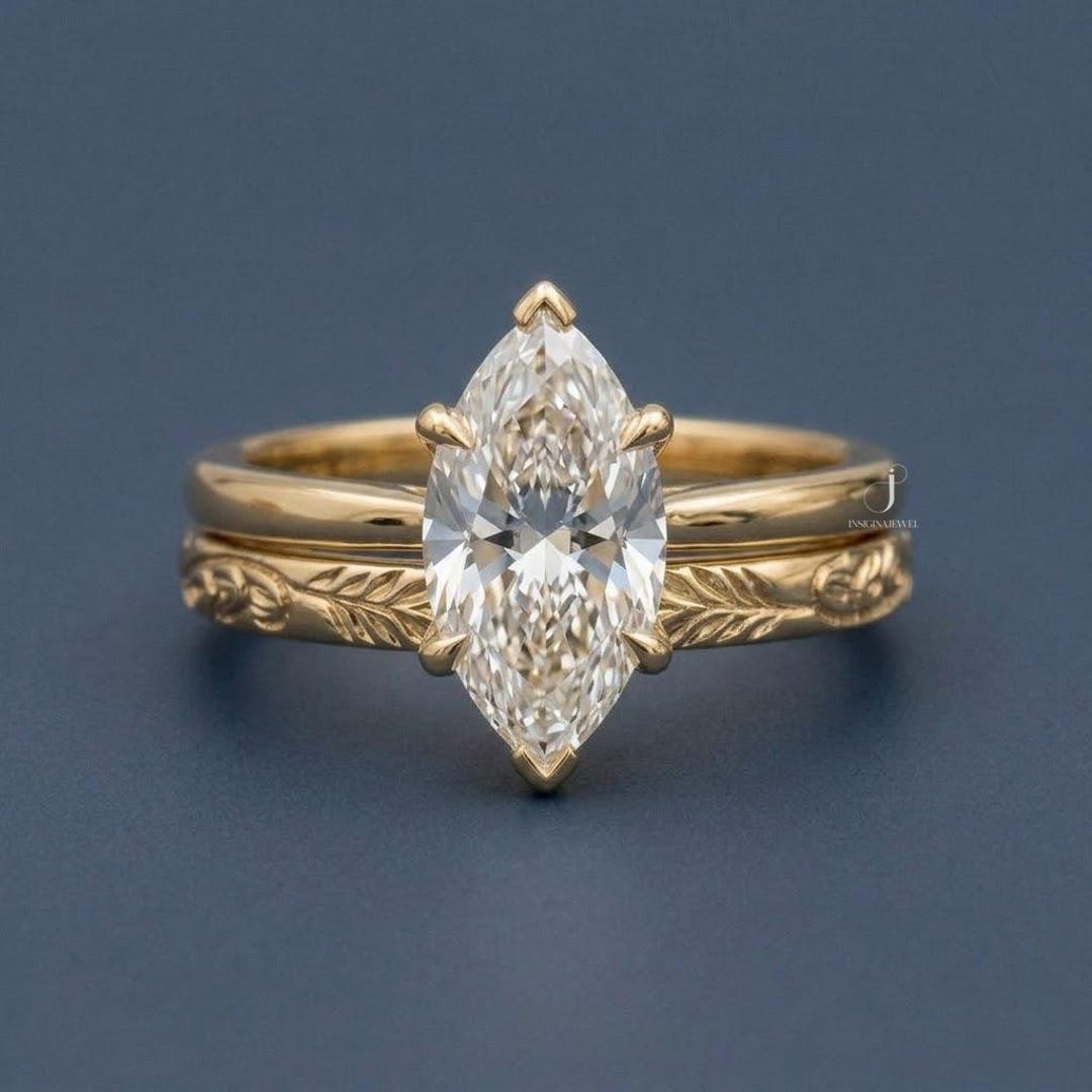 1890s Antique Vintage Art Deco Bridal Ring Set, Marquise Lab Grown ...