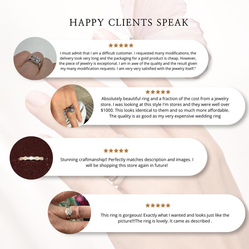 Może przedstawiać: Grafika zatytułowana HAPPY CLIENTS SPEAK przedstawiająca cztery opinie klient&oacute;w z ocenami pięciu gwiazdek. Każda opinia zawiera okrągłe zdjęcie przedstawiające inny pierścionek noszony na palcu lub umieszczony na ciemnym tle, prezentujące r&oacute;żne metalowe obrączki i oprawy kamieni.