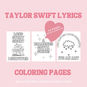 Taylor Swift Coloring Pages, Taylor Swift Lyrics, Coloring Pages, Swiftie, Digital/Print, Taylor Swift Inspired, DIY, Coloring