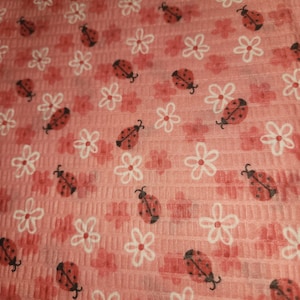 Ladybug and Flowers Print Seersucker Fabric  1 yard x 46 in