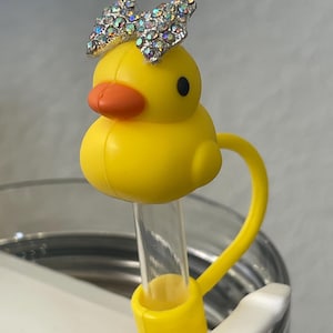 May include: Yellow rubber duck straw topper with a sparkly silver bow. The duck has a small orange beak and black eyes.