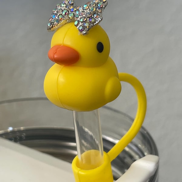 Lucky Cheer Duck Stanley Cup Straw Cover, Yellow Topper with Jeweled Bow