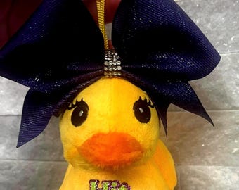 Portachiavi Lucky Duck Cheer / Etichetta per borsa imbottita in peluche con fiocco personalizzato