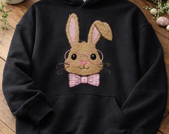 Wielkanocna bluza z kapturem kokietka z uroczym króliczkiem w okularach różowa kokardka wiosenny strój wielkanocny dla kobiet