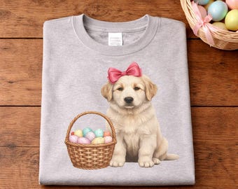 Golden Retriever Wielkanocny wzór Uroczy szczeniak z różową kokardką Wielkanocny kosz na jajka Wiosenny świąteczny pies