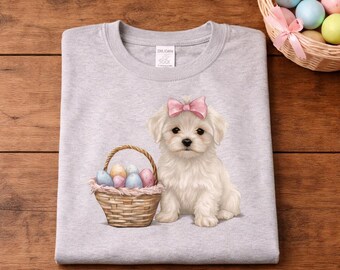 Ilustracja wielkanocnej kokietki dla psa, uroczego młodzieńczego, różowego nakrycia głowy, inspirowanego stylem Cottagecore, plecionego koszyka z jajkami, wiosennego kaprysu