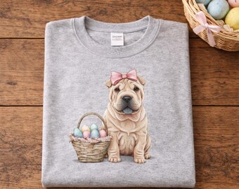 Wielkanocny pies 4Shar Pei Wielkanocny wzór Uroczy pomarszczony szczeniak z pisankami Różowa kokardka Wiosenna świąteczna sztuka psa