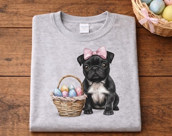 Mops Wielkanocny wzór Uroczy szczeniak z różową kokardką Wielkanocny kosz na jajka Wiosenny świąteczny pies