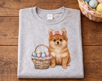 Pomeranian Easter Design Uroczy szczeniak z różową kokardką Koszyk na jajka wielkanocne Wiosenny świąteczny pies