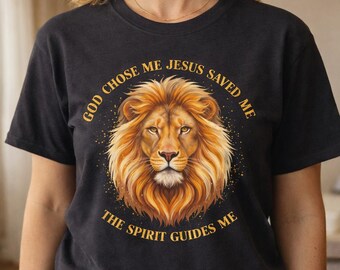 Koszulka Christian Lion Faith Bóg mnie wybrał Jezus mnie uratował Duchy mnie prowadzą Unisex Inspirująca sztuka Pisma Świętego