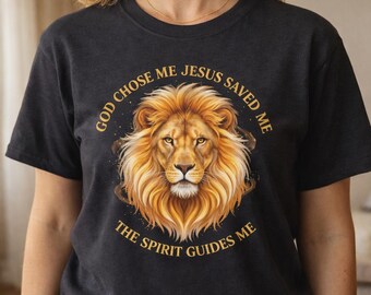 Koszulka Christian Lion Faith Bóg mnie wybrał Jezus mnie uratował Duchy mnie prowadzą Unisex Inspirująca sztuka Pisma Świętego