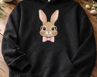 Wielkanocna bluza z kapturem kokietka z uroczym króliczkiem w okularach, kokarda w kratkę, wiosenna odzież świąteczna dla kobiet