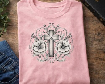 Kwiatowy krzyż Chrześcijańska wiara sztuka styl vintage wierzący prezent estetyczny kult miłość inspirująca ilustracja botaniczna łaska