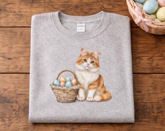 Wielkanocny kotek kokietka projekt uroczy kociak z koszykiem jajek wielkanocnych wiosenna świąteczna sztuka miłośnika kotów