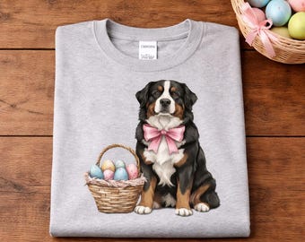 Berneński pies pasterski Wielkanocny wzór Uroczy szczeniak z różową kokardką Wielkanocny koszyczek z jajkami Wiosenny pies
