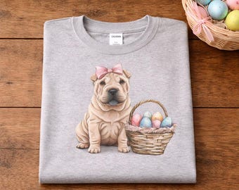 Wielkanocny projekt kokietki Shar Pei, uroczy szczeniak, różowa kokardka, wiosenny świąteczny miłośnik psów