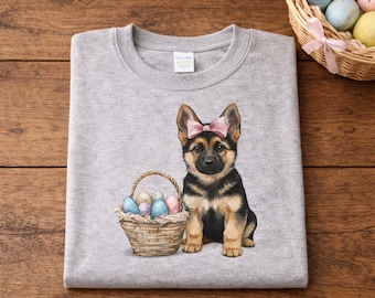 Owczarek niemiecki, wielkanocny wzór, uroczy szczeniak z różową kokardką, wielkanocny kosz z jajkami, wiosenna świąteczna sztuka psa
