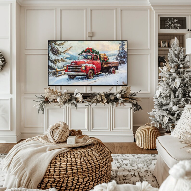 Samsung Frame TV Art Vintage Christmas Truck Red Frame Black and White
