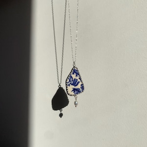 Broken china jewelry pendant necklace - blue pattern, Portuguese porcelain, antique china, broken china jewelry