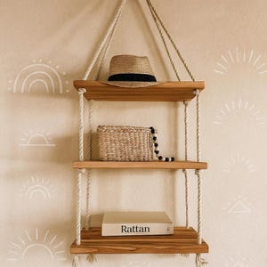 Three-Tier Wooden Hanging Rope Shelf: Boho Rustic Wall Decor