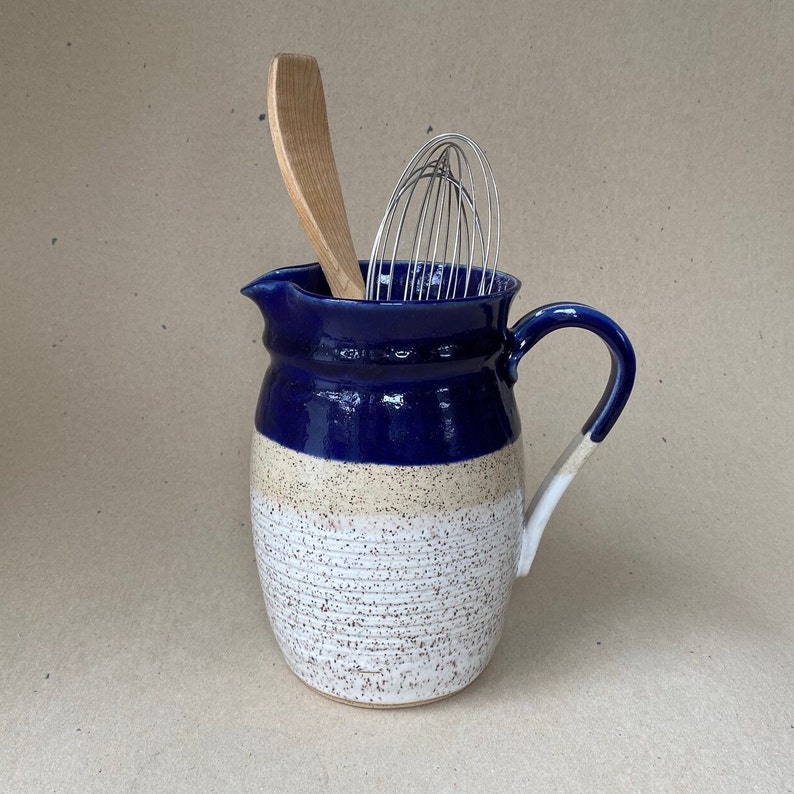 6 Cup Stoneware Serving Pitcher in Speckled White, Cobalt Blue and Natural, Kitchen Spoon Holder, Flower Vase image 3