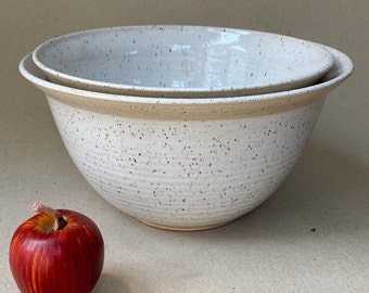 2 Stoneware Nesting Bowls, SET of TWO Serving Bowls in Speckled White and Natural, Handmade Wedding Gift