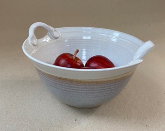 Creamy White and Pale Blue Gray Stoneware Serving Bowl with Handles, Handmade 5-6 Cup Single Serving Meal Bowl