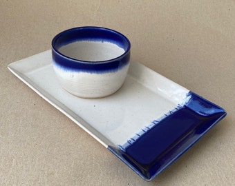 Stoneware Cobalt Blue and Creamy White Plate, Dessert Tray, Rectangular Serving Plate with Optional Mini Bowl