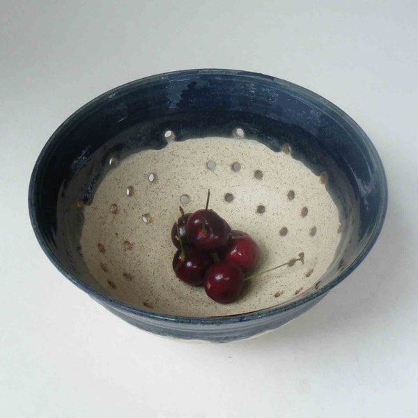 Wheelthrown Ceramic Berry Bowl - Teal and Oatmeal Stoneware Colander - Fruit Bowl - Ready to Ship