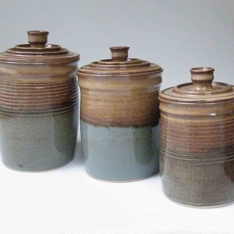 MADE TO ORDER Kitchen Set of 3 Canisters Brown with Blue Etsy