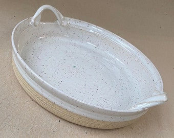 5 DOLLARS OFF, Speckled White and Natural Ceramic Bakeware with Handles, Stoneware Oven to Table Baking Dish