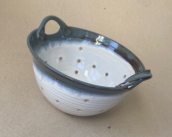 Stoneware Berry Bowl in Blue Gray, Dark Brown and Creamy White, Ceramic Strainer with Handles, Nesting Colander for MOM