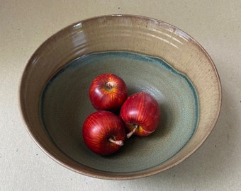 Rustic Brown and Woodland Green Stoneware Pottery, 10 Cup Serving Bowl