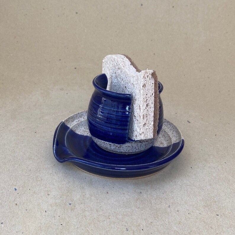 SET OF 2, 5.5 Inch Spoon Rest and Sponge Holder in Cobalt Blue and White image 5