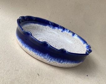 8" Cobalt Blue and Speckled White Baking Dish, Ovenware, Scalloped Edge Ceramic Baker